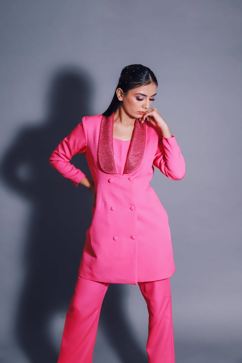 Fuschia Crystal Lapel Blazer and Pants Co-ord Set