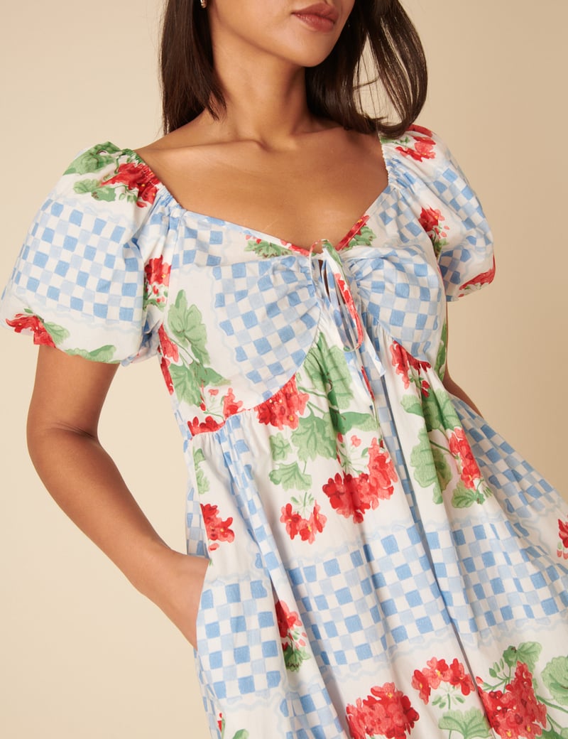 Blue Tile Check and Floral Sweetheart Midi Dress