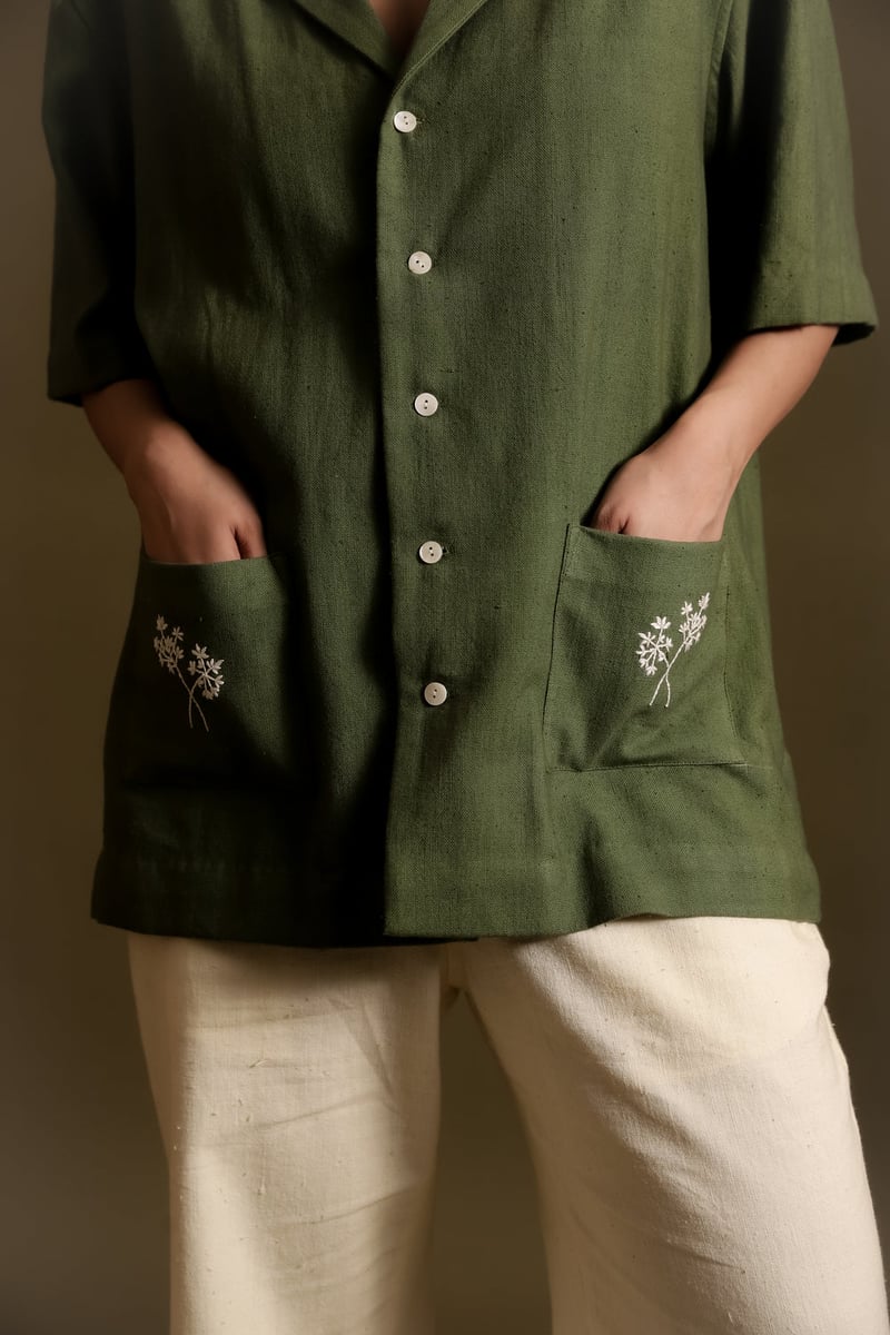 Olive Green Khadi Relaxed-Fit Shirt with Embroidered Pockets