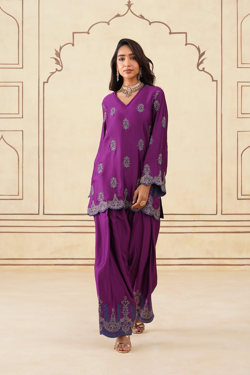 Wine Embroidered Kurta Set with Farshi Pants and Dupatta