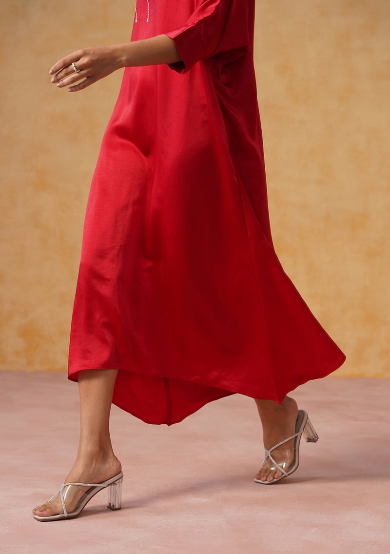 Red Satin Kaftan Midi Dress with Crystal Embroidery