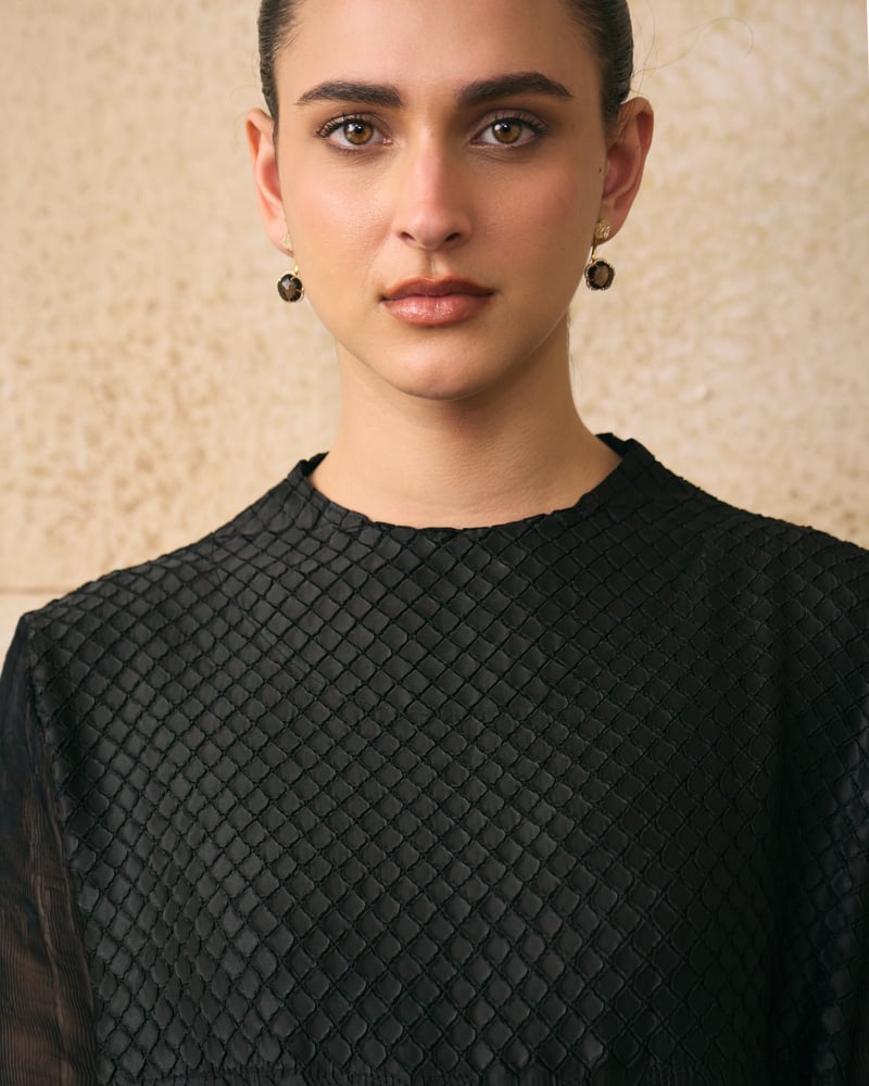 Black Textured A-Line Knee-Length Dress with Sheer Sleeves