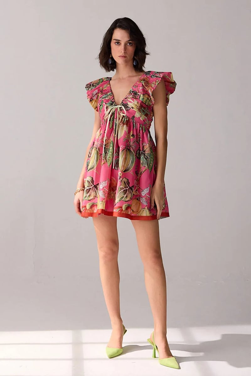 Pink Printed Fit and Flare Mini Dress with Ruffle Shoulders