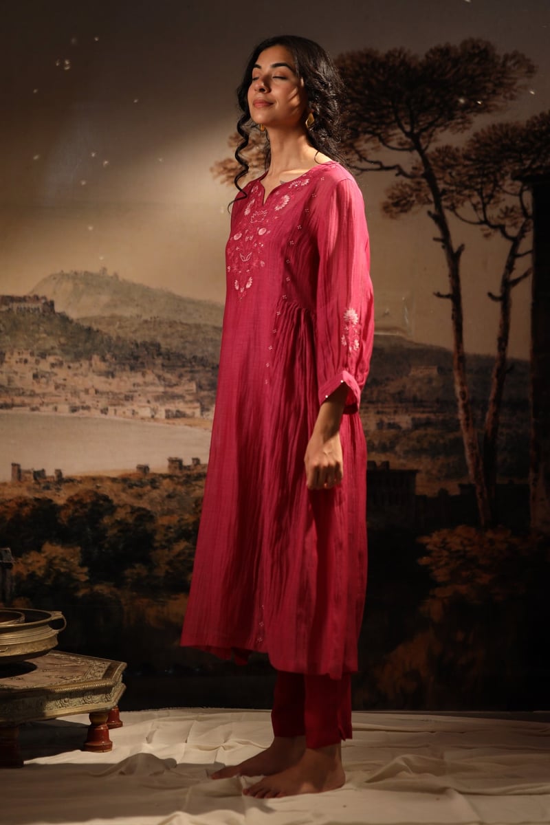 Hot Pink Embroidered Yoke Kurta Set with Pants and Slip