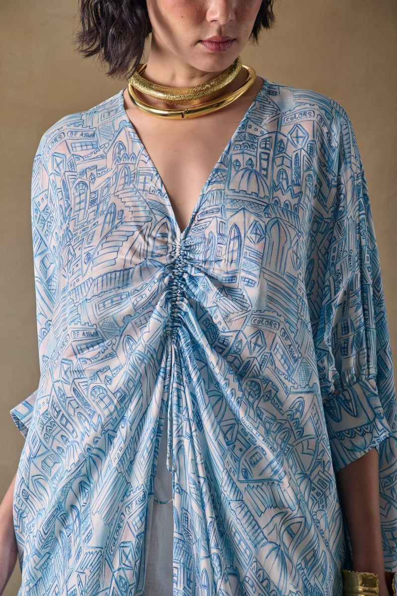 Blue Landscape Printed Modal Satin Kaftan