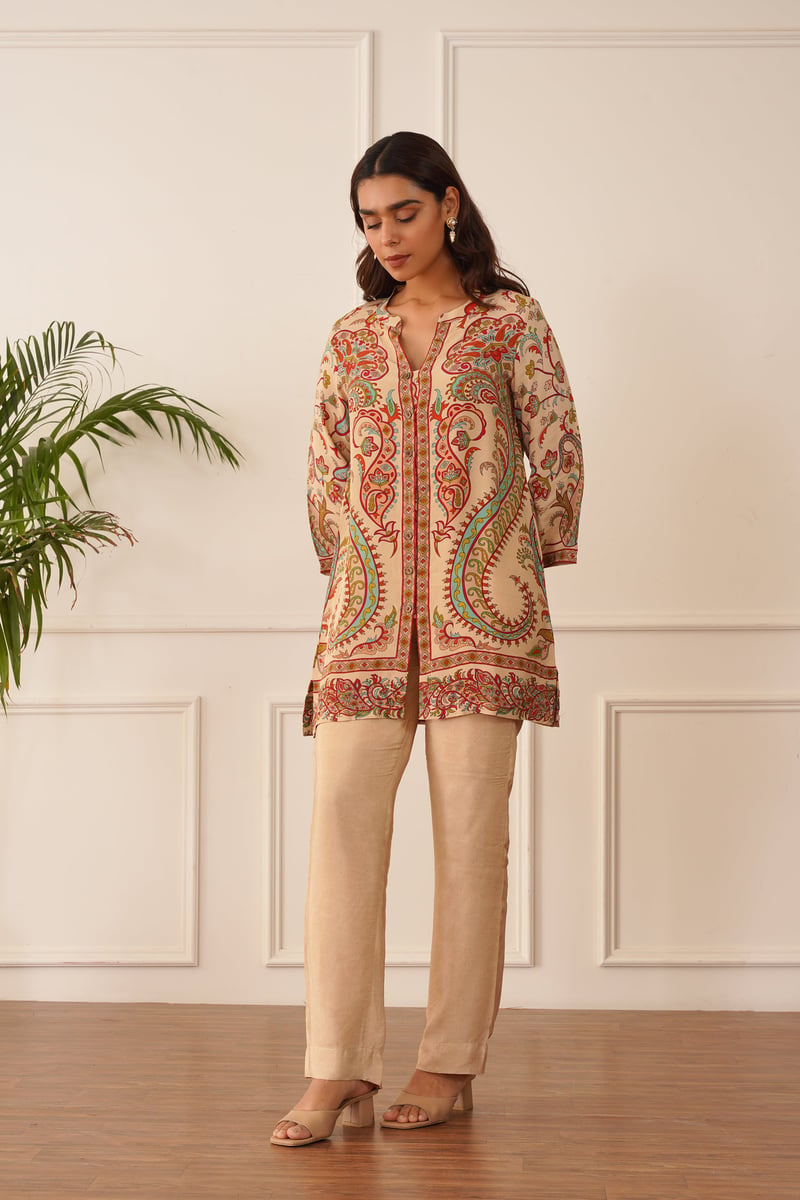 Beige Printed Crepe Co-ord Set with Straight Pants