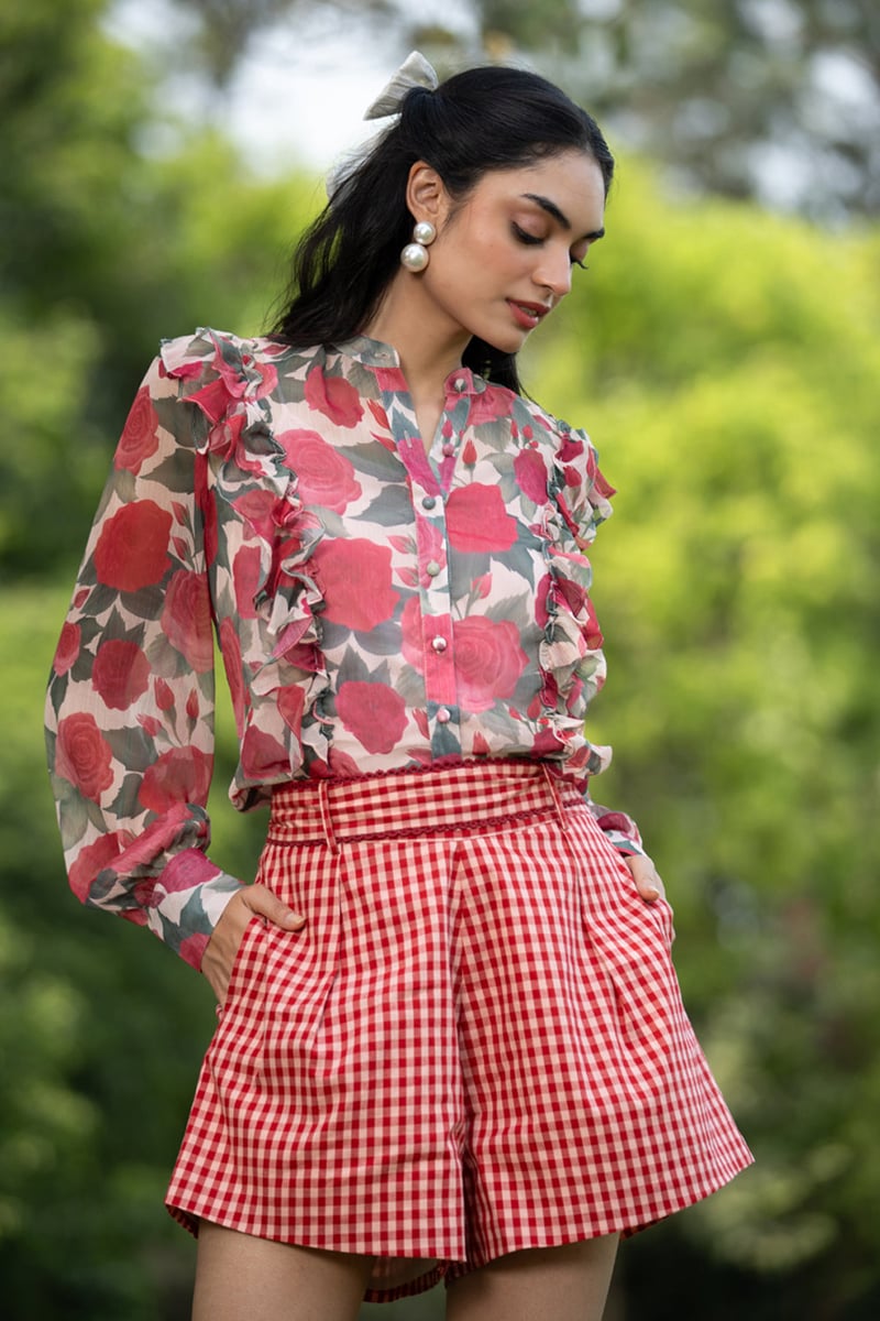 Multicolor Rose Print Chiffon Ruffle Trim Shirt