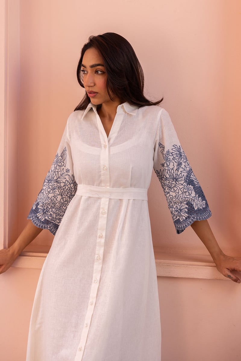 White Maxi Shirt Dress with Blue Embroidery and Cutwork