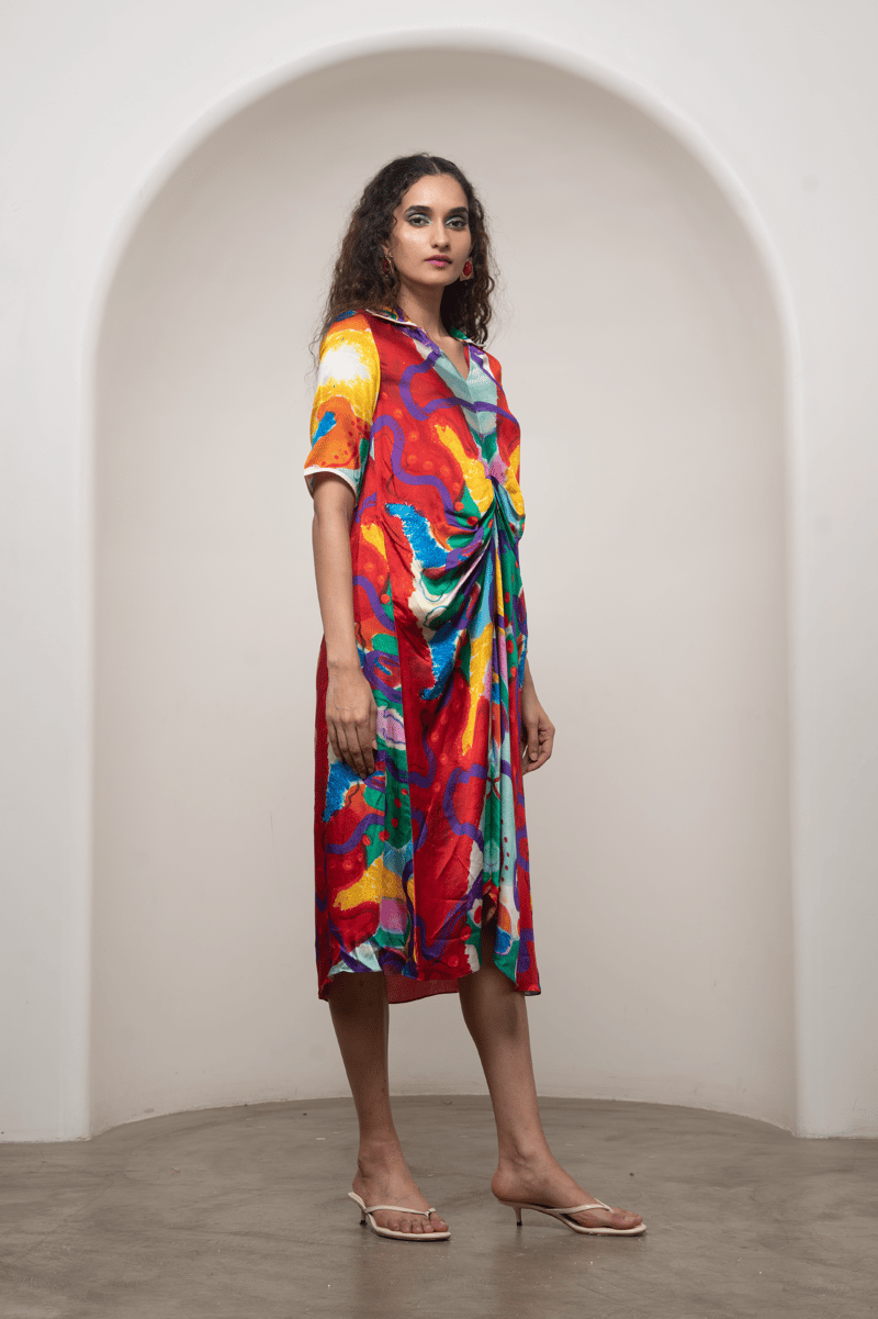 Multicolor Abstract Print Draped Midi Shirt Dress