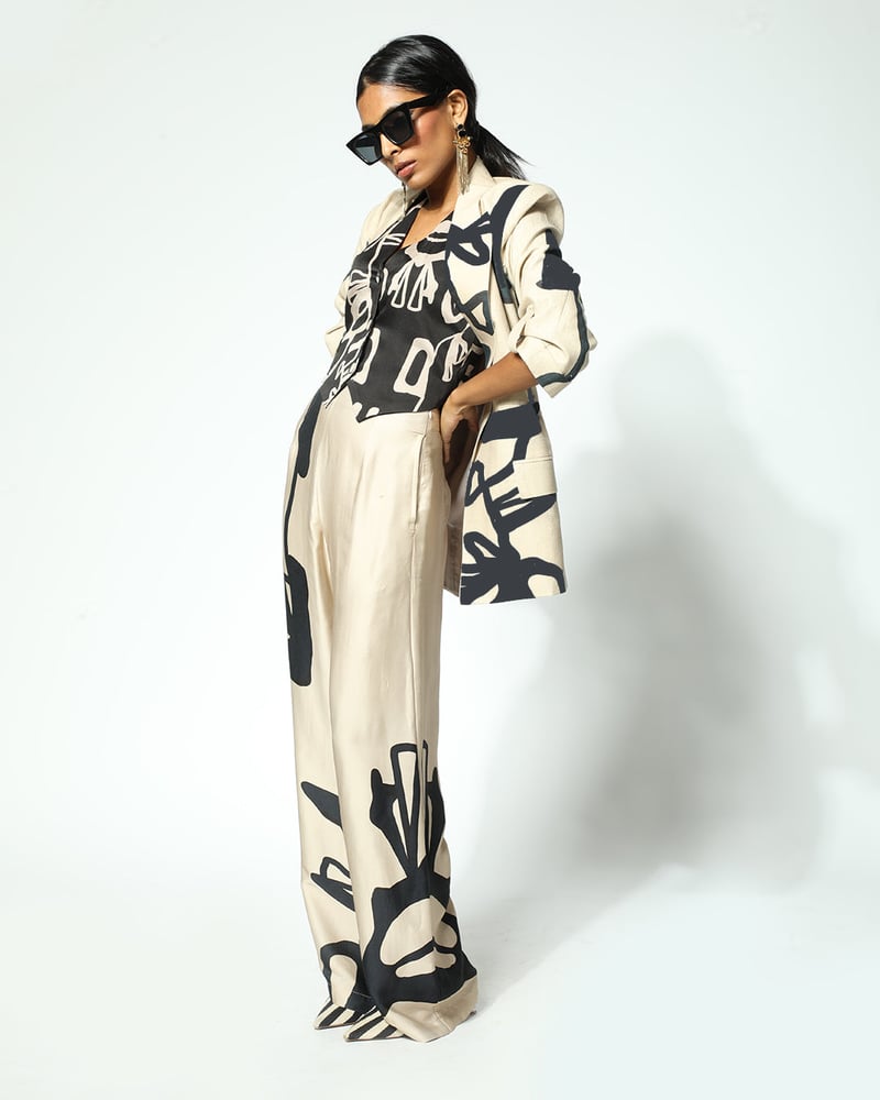 Beige and Black Abstract Print High-Waist Wide-Leg Trousers