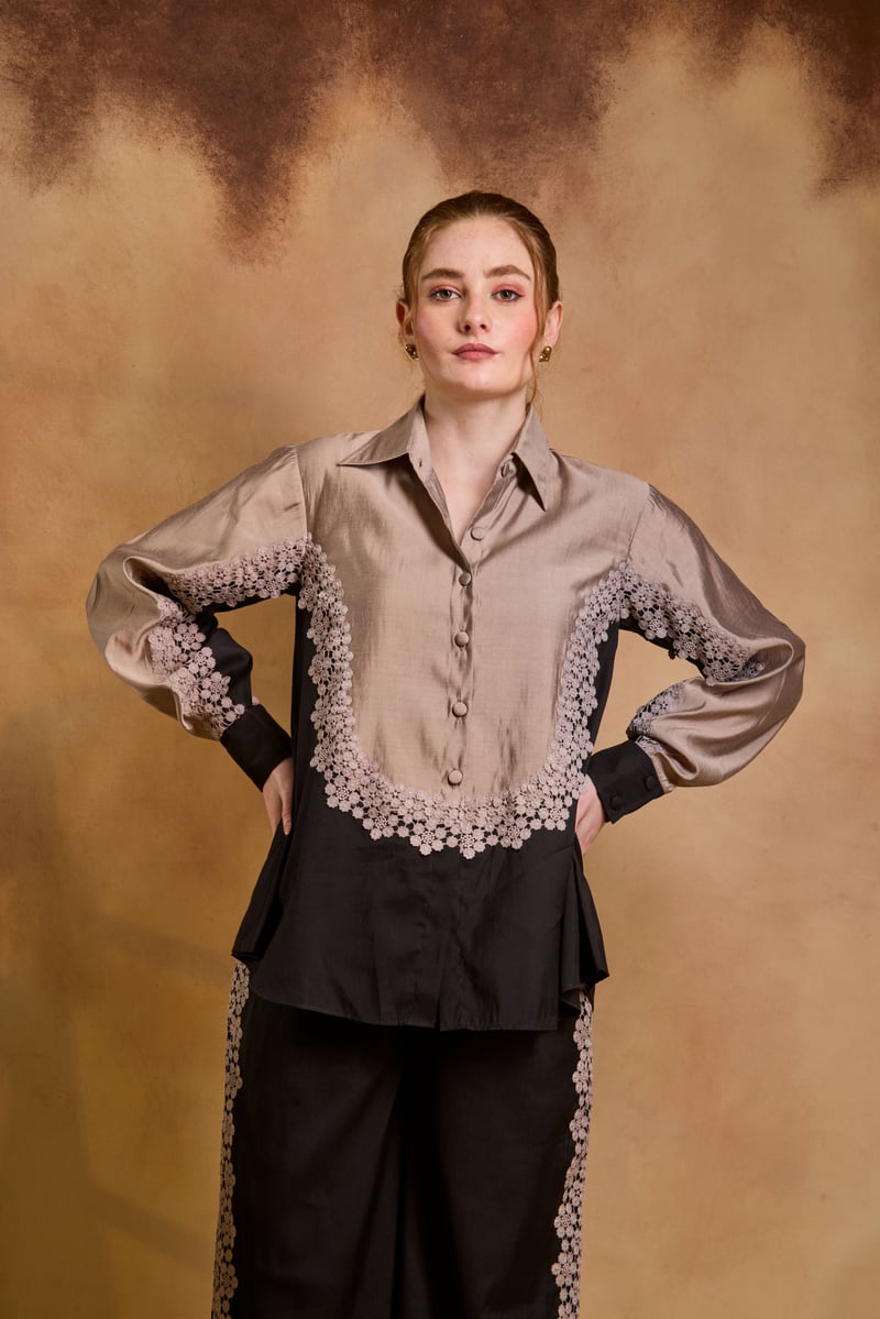 Black and Copper Embroidered Shirt and Trouser Co-ord Set