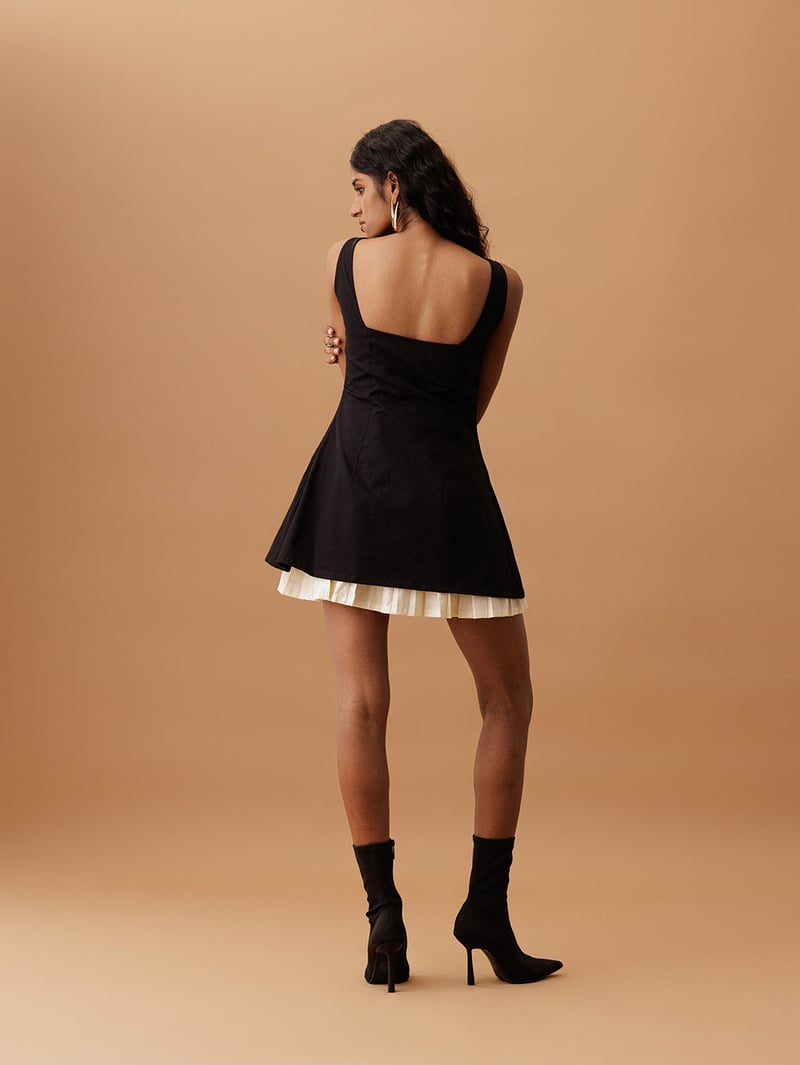 Black Fit and Flare Mini Dress with Pleated Insert
