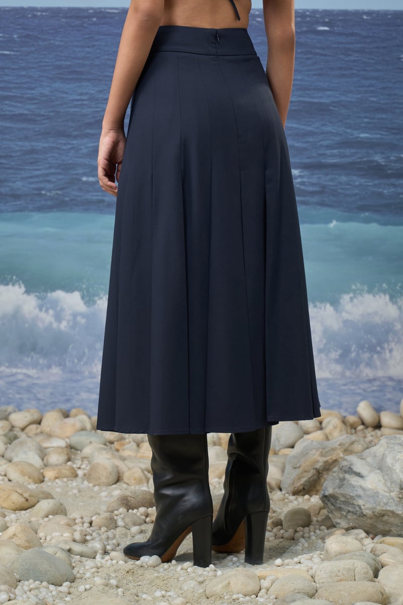 Navy High-Waist Pleated Midi Skirt with Belt Detail