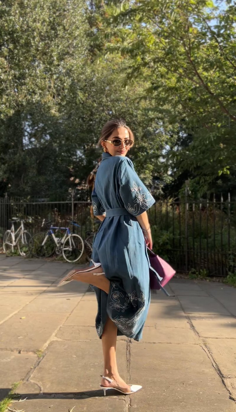 Blue Denim Embroidered Button-Down Midi Shirt Dress