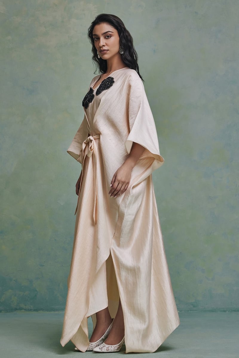 Beige Banarasi Tissue Kaftan with Tie Belt