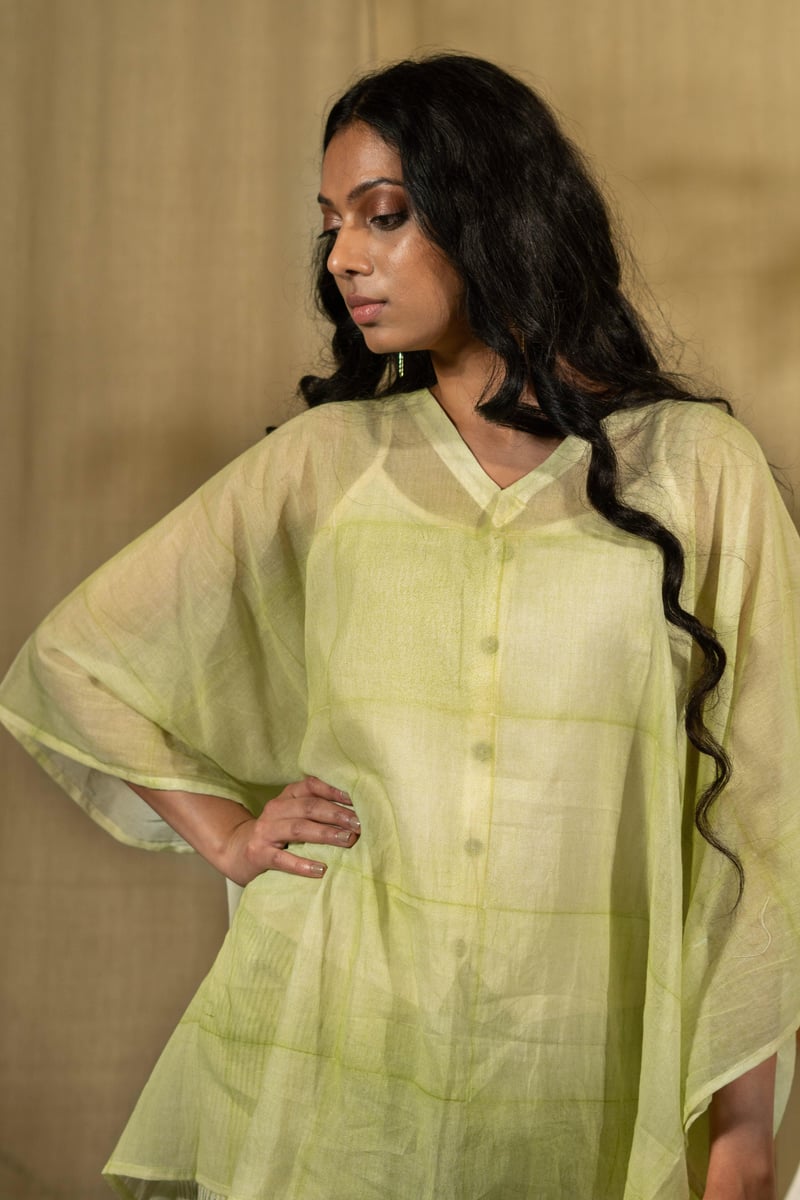 Lime Green Sheer Cotton Mul Kaftan with V-Neck