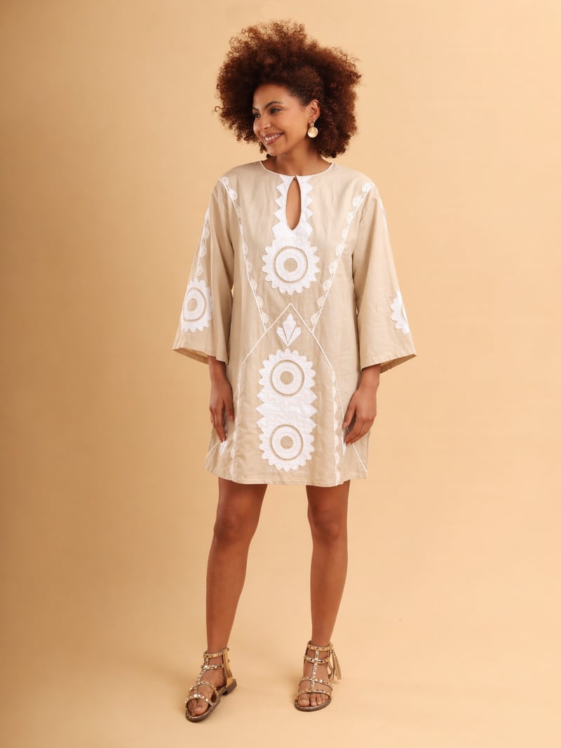 Beige Cotton Linen Kaftan Mini Dress with White Applique