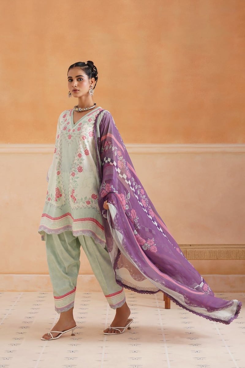Mint Floral Printed Lawn Cotton 3-Piece Kurta Set