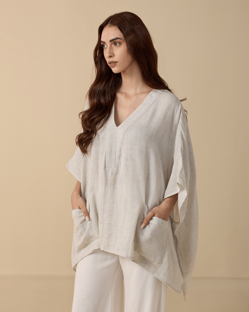Natural Flowy V-Neck Free Size Poncho Top with Pockets