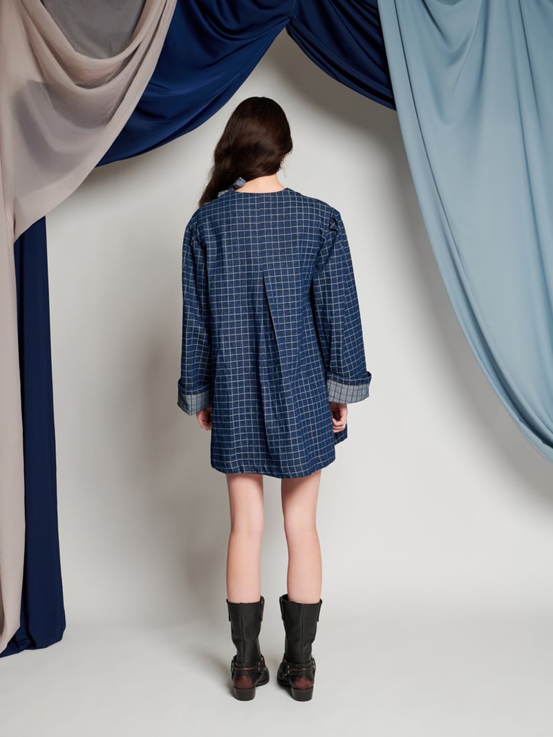 Blue Checked Oversized Wrap Mini Dress