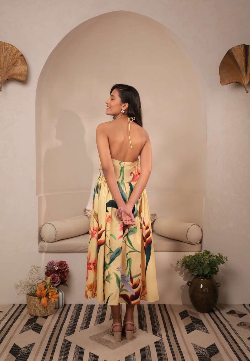 Yellow Floral Halter Tie-Back Midi Dress