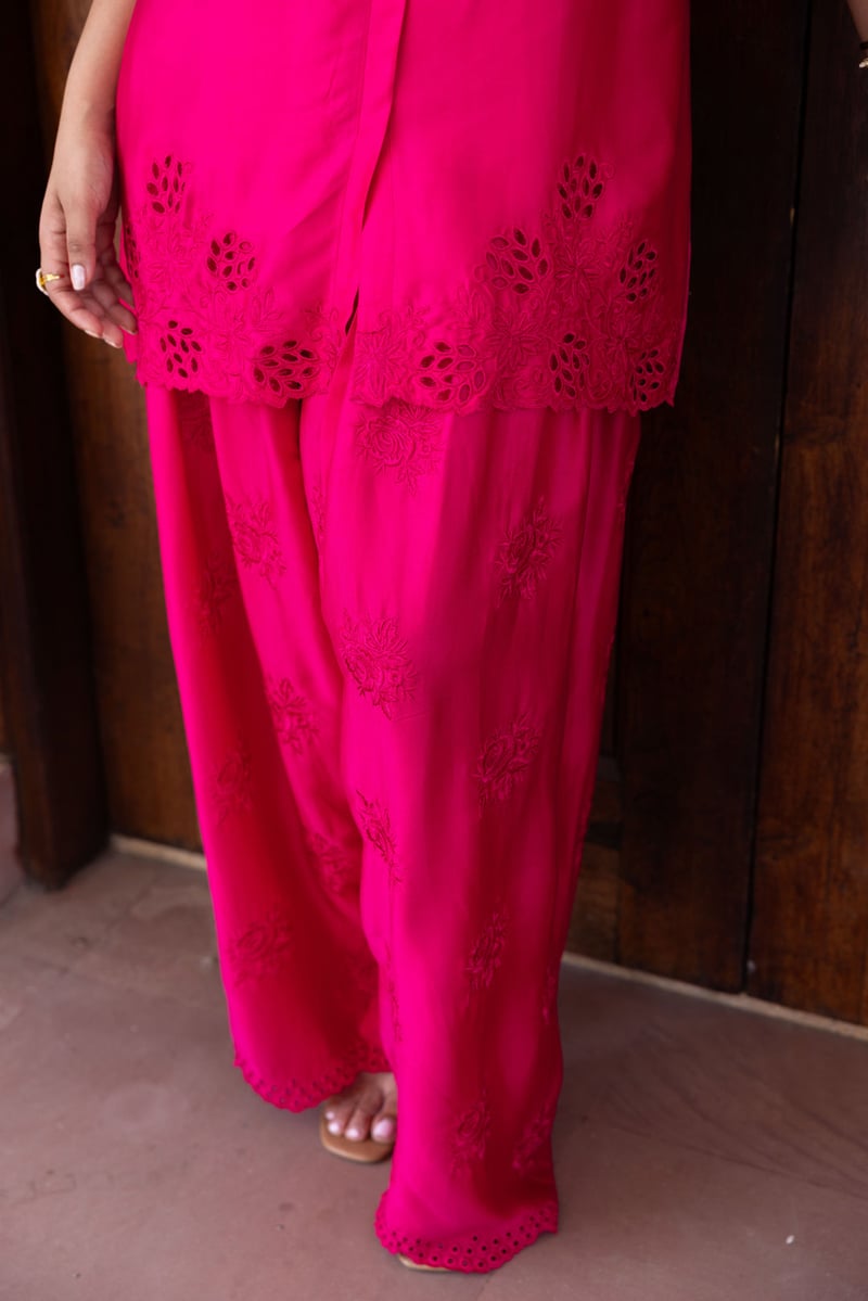Hot Pink Cutwork Hem Tunic and Farshi Co-ord Set
