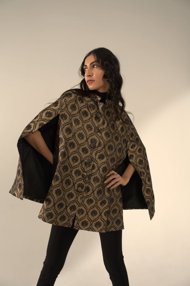 Black and Gold Metallic Brocade Cape Jacket