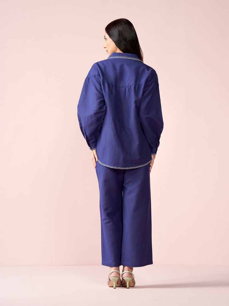 Navy Blue Linen Blend Co-ord Set with Blanket Stitch Trim