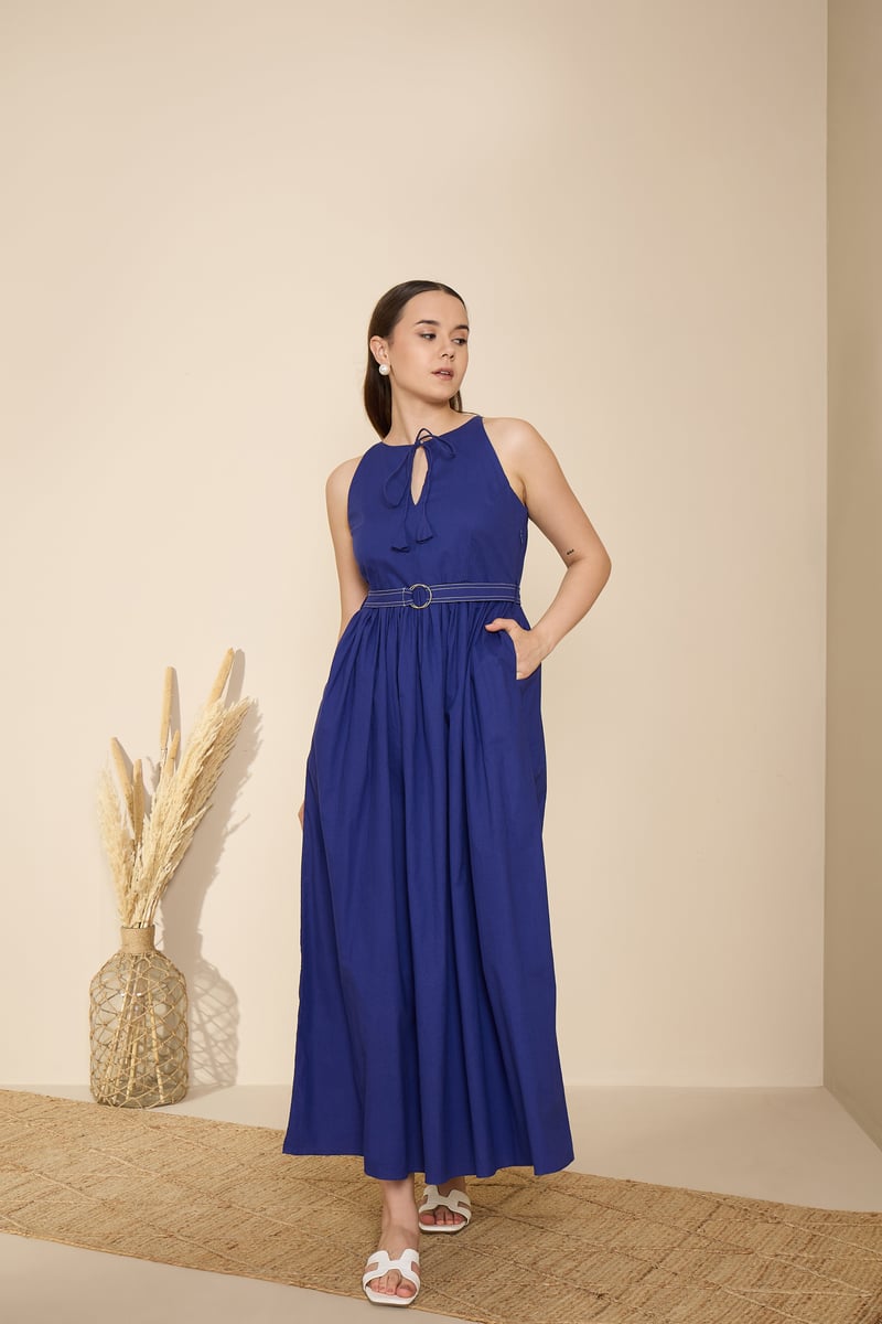 Aqua Blue Cotton Poplin Fit and Flare Midi Dress