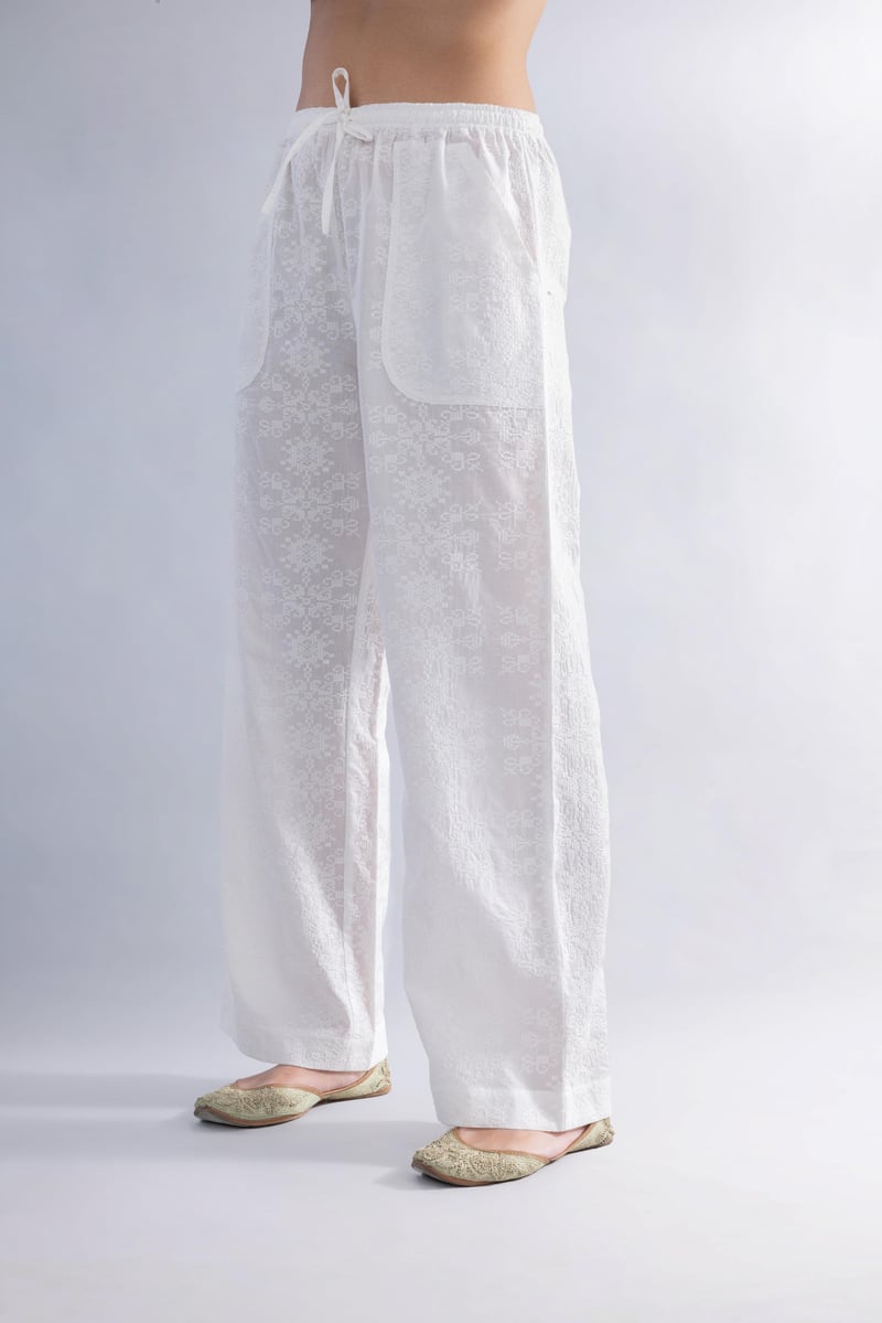 White Cotton Schiffli Straight-Leg Trousers