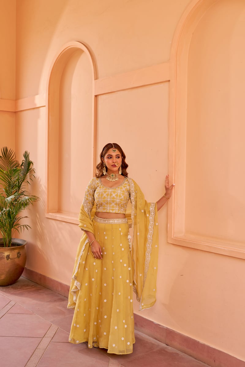 Yellow Organza Embroidered Lehenga Set with Dupatta