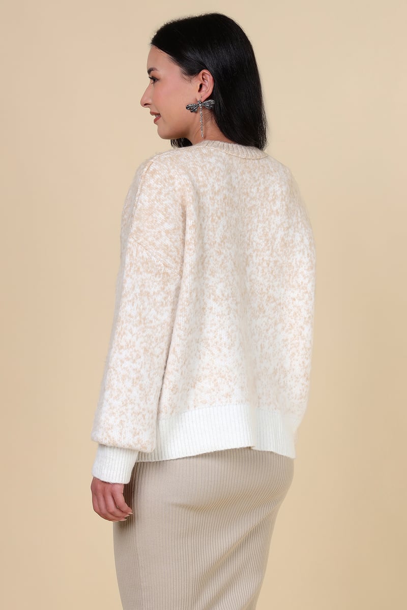 Beige Textured Studded Pullover Sweater