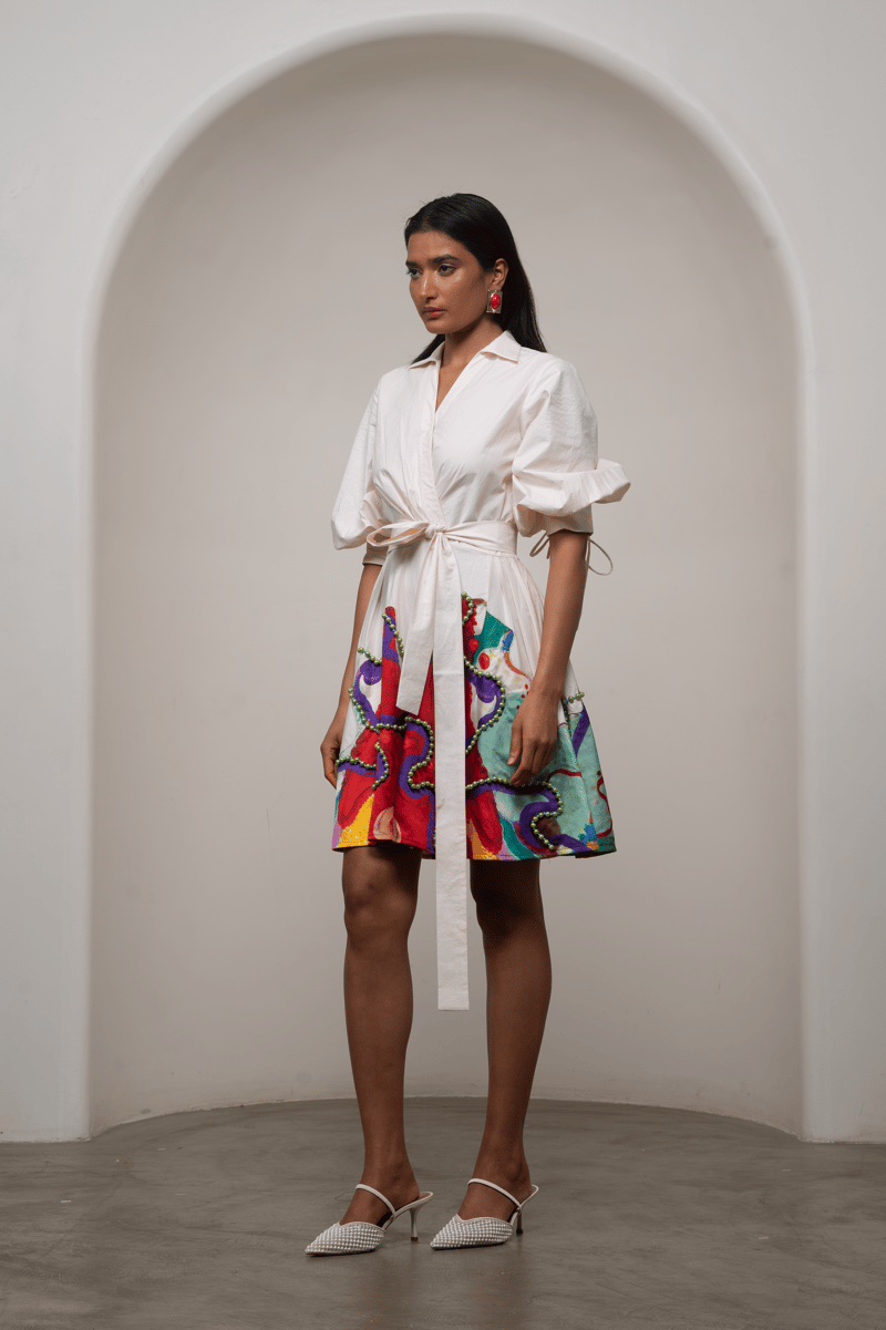 White Wrap Mini Dress with Patchwork Appliqué and Tie Belt