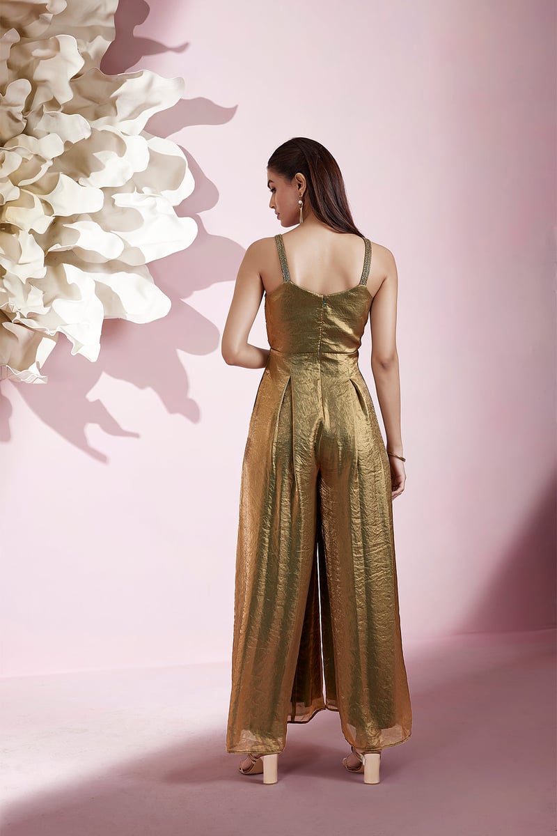 Olive Green Shimmer Tissue Embellished Wide-Leg Jumpsuit
