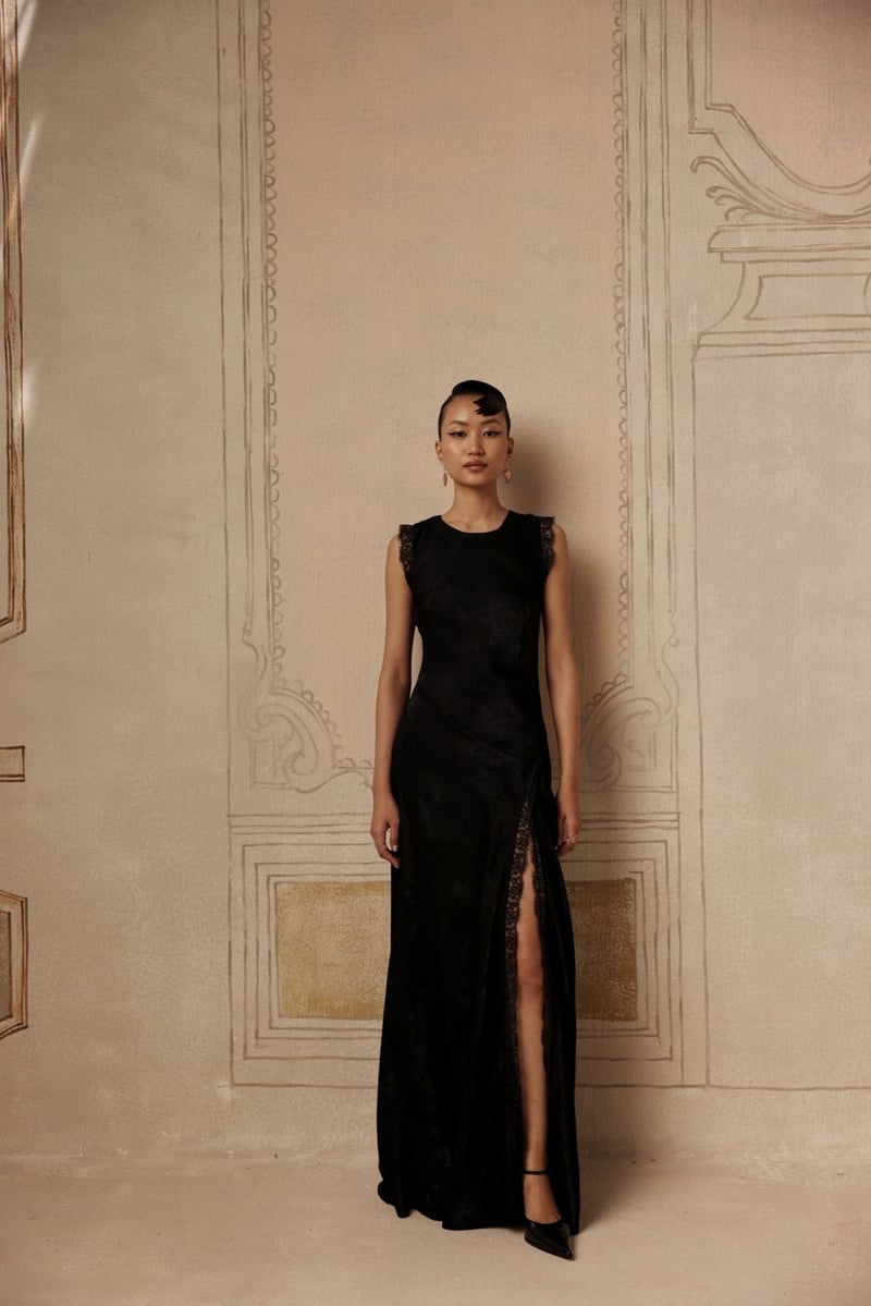 Black Satin Bias-Cut Maxi Gown with Lace Slit