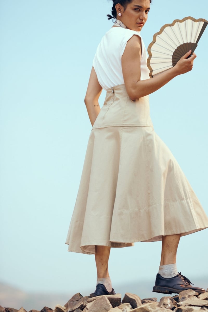 Tan High-Waist High-Low Midi Cotton Twill Skirt