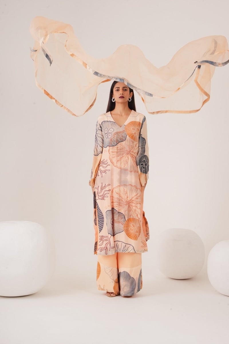 Pink Printed Straight Kurta Set with Organza Dupatta