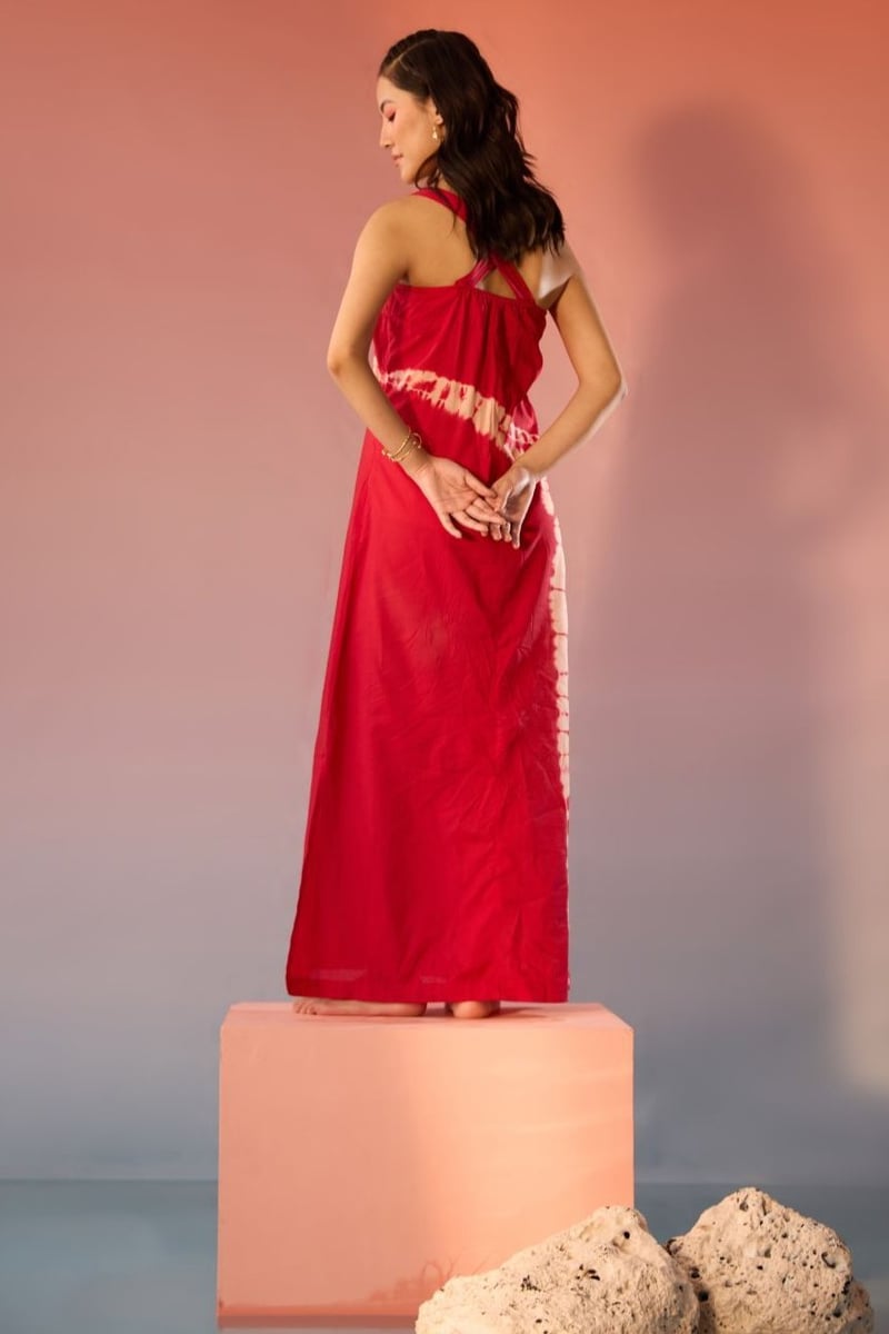 Red Tie-Dye Maxi Slip Dress with Crisscross Back