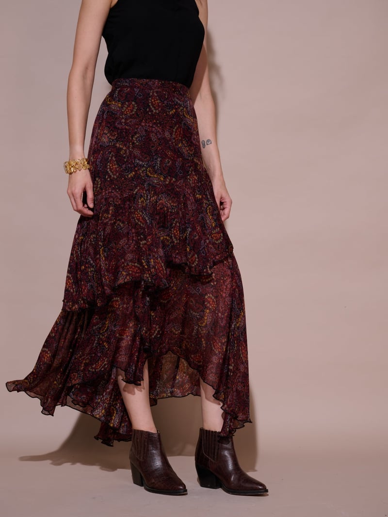Wine Paisley Tiered Ruffle Midi Skirt