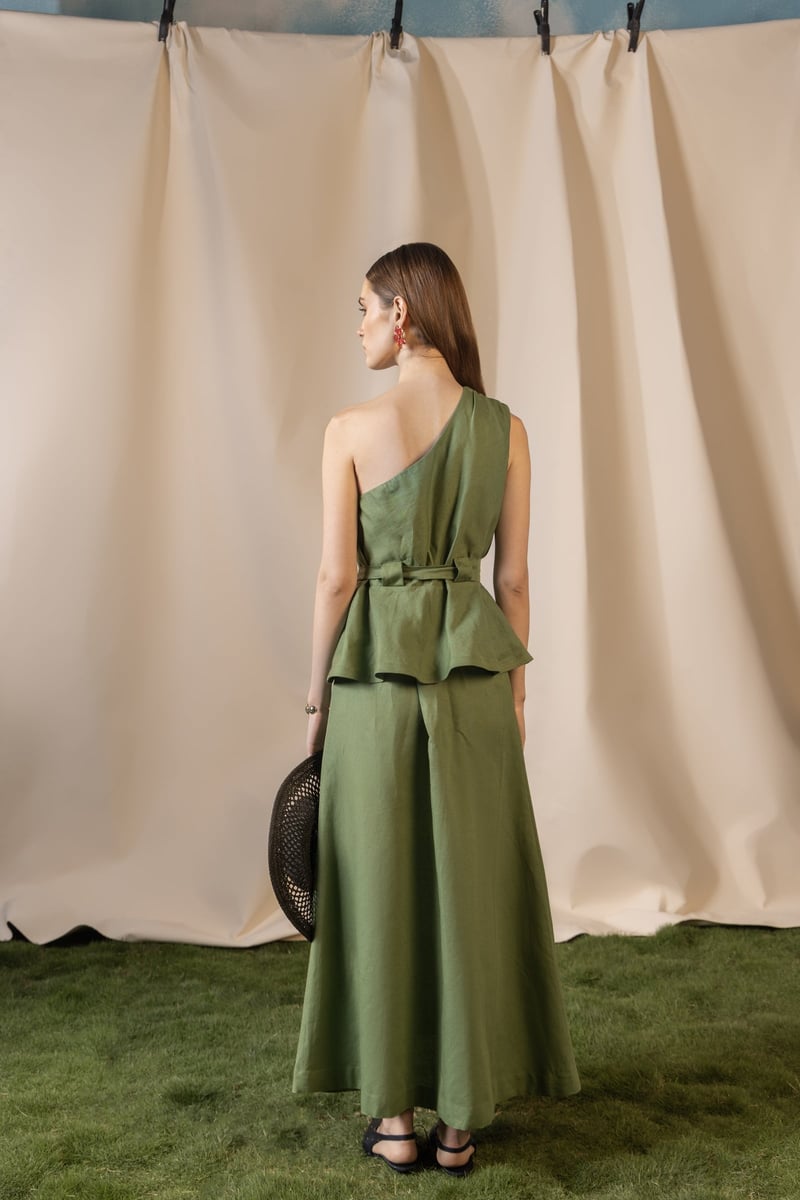 Green One-Shoulder Peplum Top and Maxi Skirt Co-ord Set