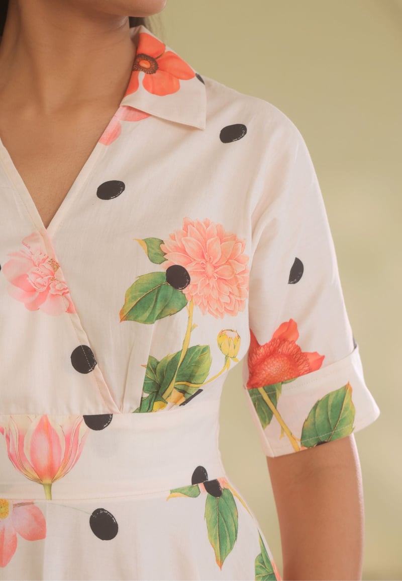 White/Multicolor Collared Fit and Flare Midi Dress
