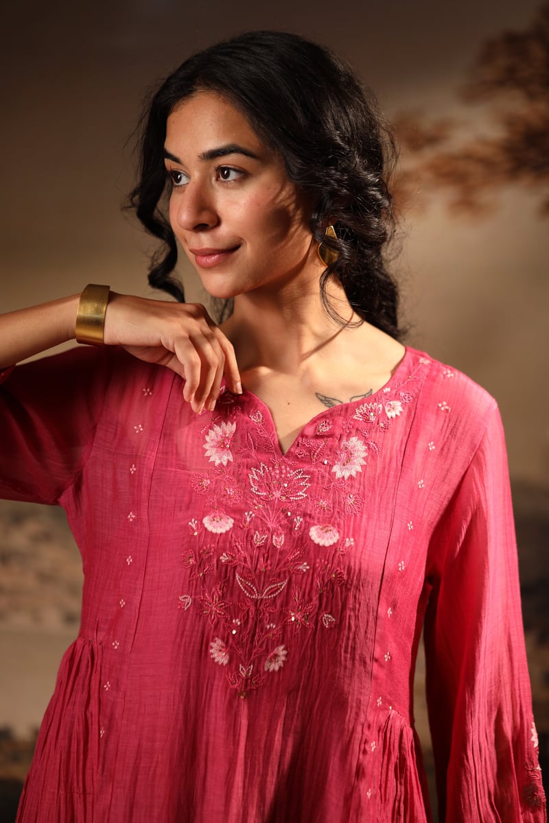 Hot Pink Embroidered Yoke Kurta Set with Pants and Slip