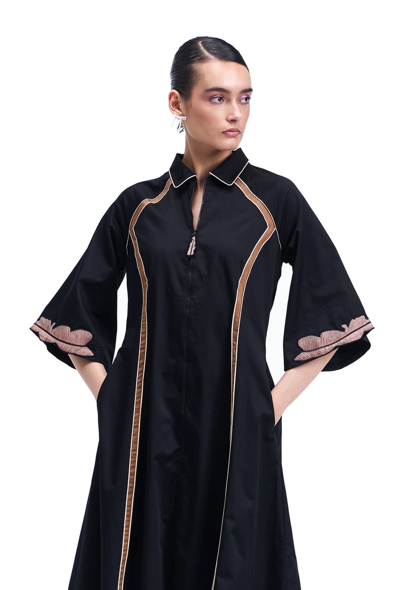 Black Cotton Satin Zip-Front Fit and Flare Midi Dress