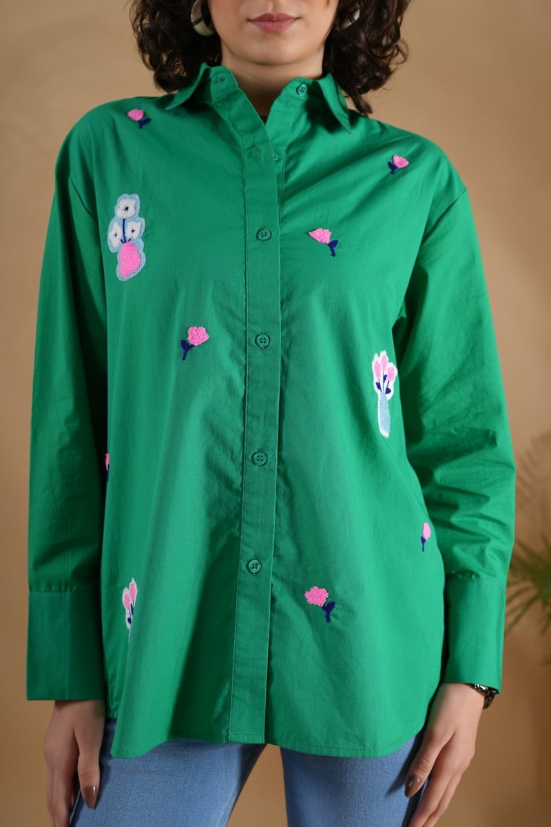 Green Cotton Comfort Fit Embroidered Shirt