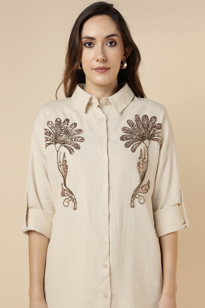 Natural Beige Embellished Longline Cotton Shirt