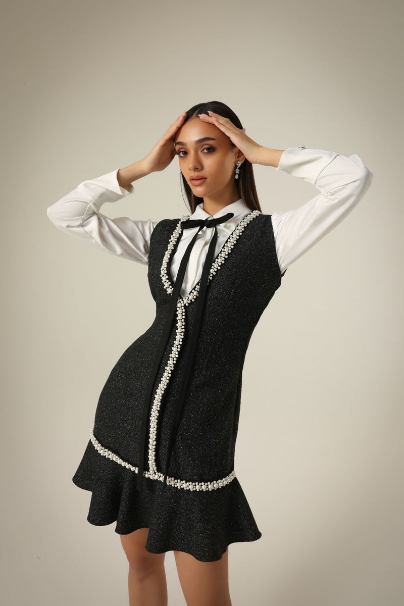 Black/Ivory Tweed Pearl-Trim Mini Dress with Bow — Label IRIS