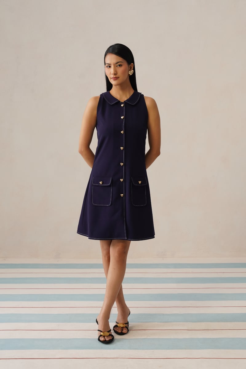 Dark Blue Sleeveless Collared Button-Front Mini Dress — Armoire