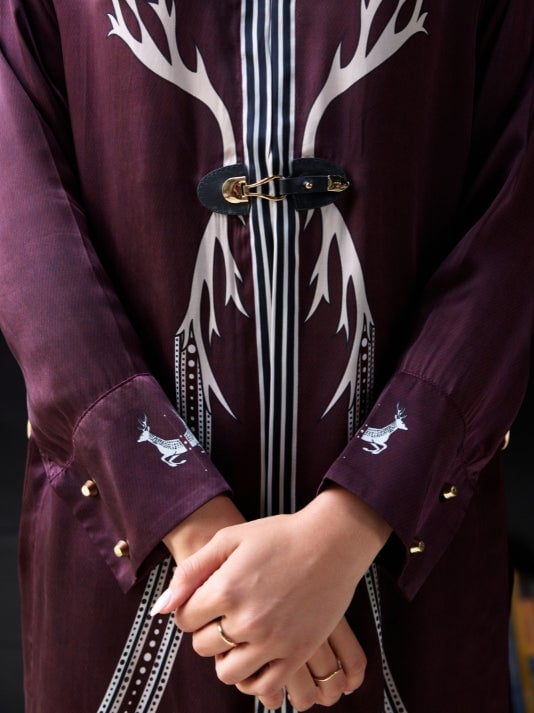 Burgundy Cupro Satin Printed Kurta and Pant Co-ord Set