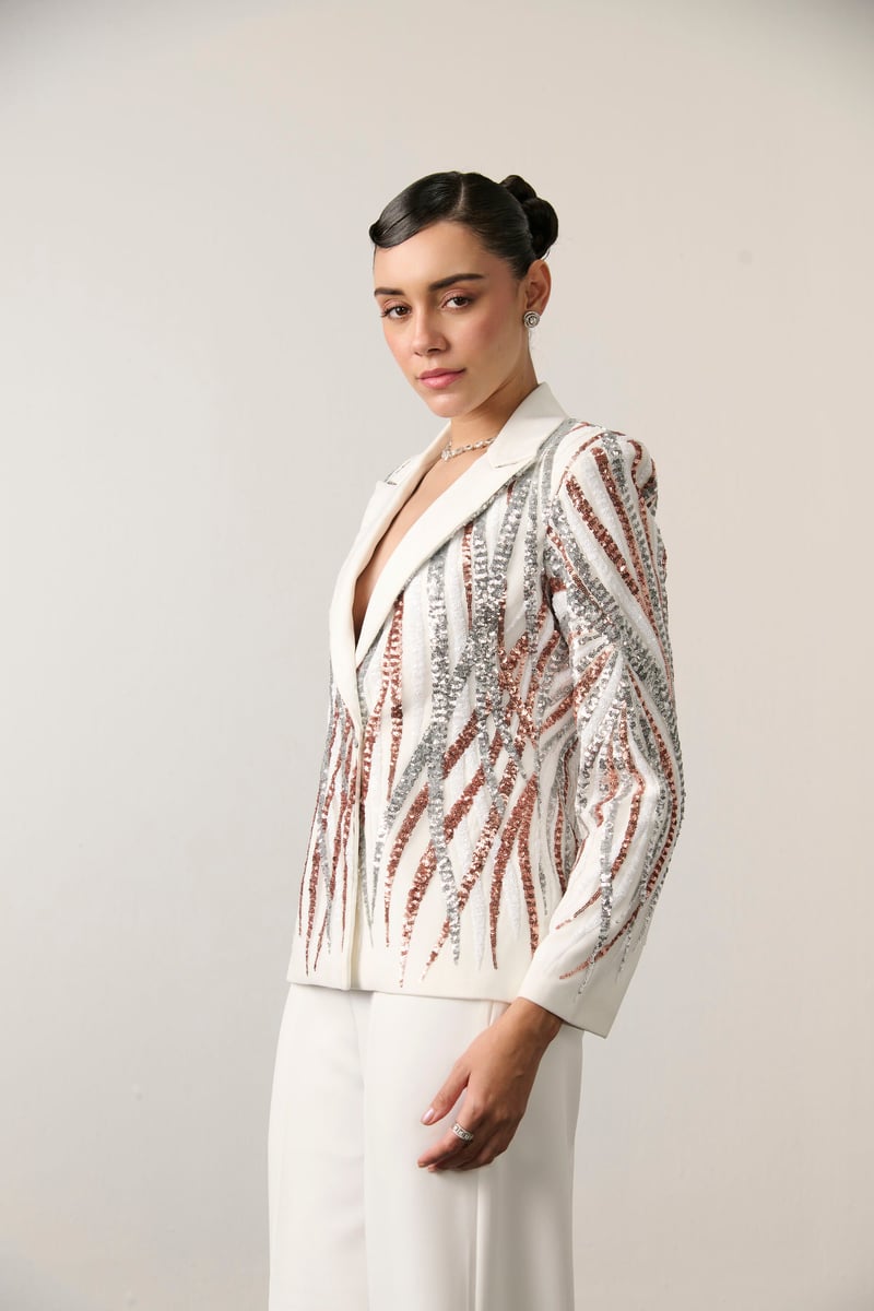 Ivory Sequin Blazer and Wide-Leg Trousers Co-ord Set
