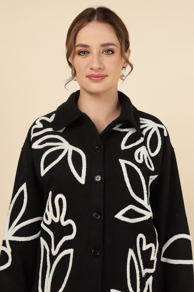 Black Floral Applique Overshirt Shirt